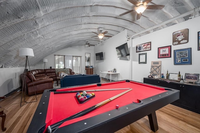 24305 Loring Rd, Lawrence, KS 66044 - game room featuring ceiling fan, wood finished floors, billiards, and lofted ceiling