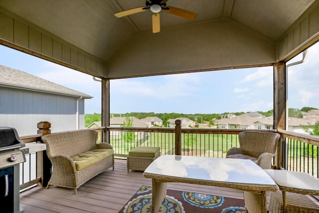 8319 Pickering St, Lenexa, KS 66227 - wooden terrace featuring a ceiling fan, grilling area, and a residential view