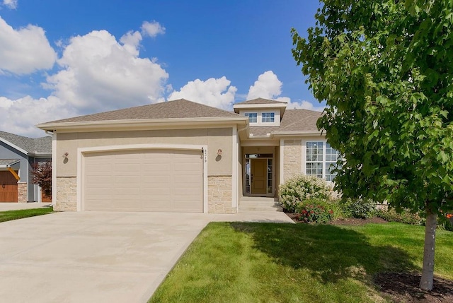 8319 Pickering St, Lenexa, KS 66227 - prairie-style home with stone siding, concrete driveway, an attached garage, and stucco siding