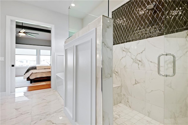 11126 W 172nd Ter, Overland Park, KS 66221 - bathroom featuring a marble finish shower, ceiling fan, marble tiled flooring, and ensuite bathroom