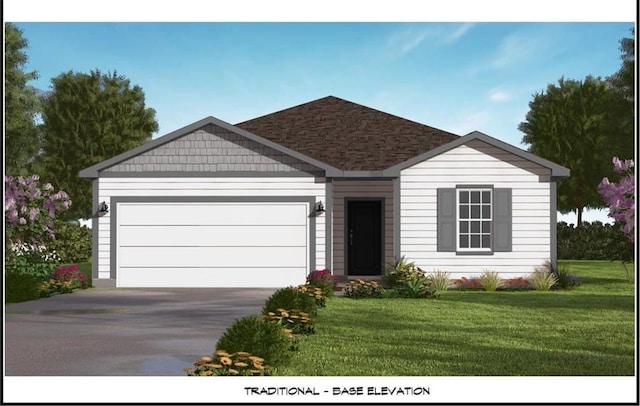 3028 NW 95th Ter, Kansas City, MO 64154 - ranch-style house featuring driveway, an attached garage, a front yard, and a shingled roof