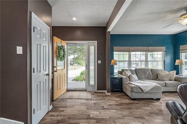 1210 NW Persimmon Dr, Grain Valley, MO 64029 - foyer featuring a textured ceiling, wood finished floors, ceiling fan, and healthy amount of natural light