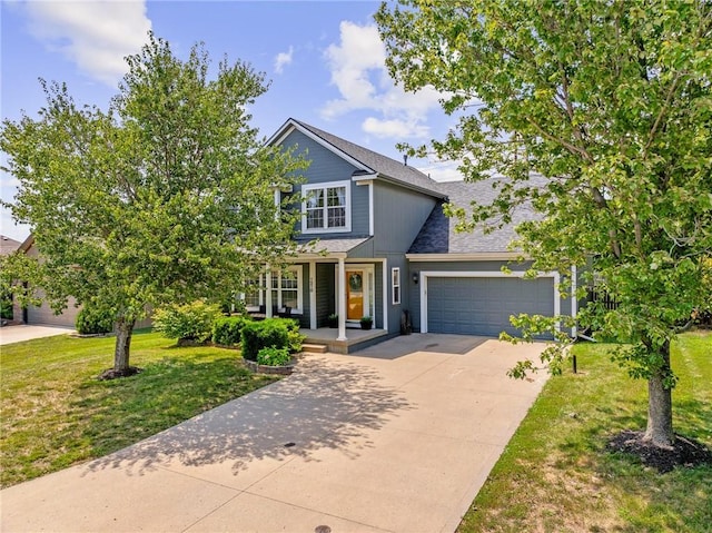 1210 NW Persimmon Dr, Grain Valley, MO 64029 - traditional-style home featuring a porch, concrete driveway, a front lawn, a garage, and roof with shingles