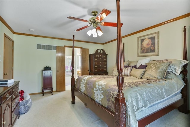 3038 Weaver School Rd, Odessa, MO 64076 - bedroom featuring carpet, ornamental molding, a ceiling fan, and ensuite bath