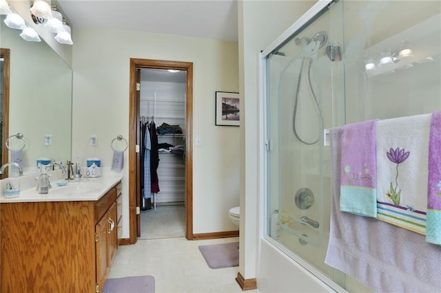 3038 Weaver School Rd, Odessa, MO 64076 - bathroom with vanity, combined bath / shower with glass door, tile patterned floors, a chandelier, and a spacious closet