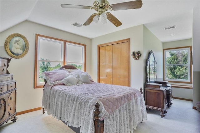 3038 Weaver School Rd, Odessa, MO 64076 - bedroom with light colored carpet, a closet, ceiling fan, and vaulted ceiling