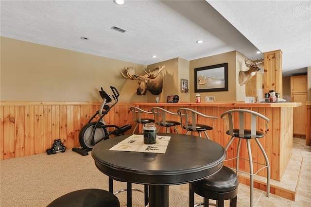 3038 Weaver School Rd, Odessa, MO 64076 - indoor dry bar featuring a textured ceiling, recessed lighting, a wainscoted wall, and wood walls