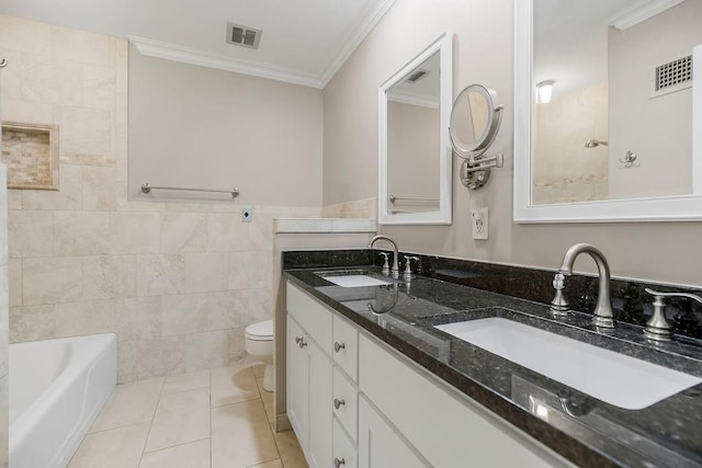 7718 W 100th St, Overland Park, KS 66212 - bathroom with tile walls, tile patterned flooring, crown molding, double vanity, and  shower combination