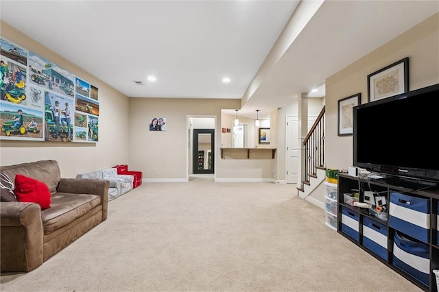 18501 S Butternut St W, Gardner, KS 66030 - living room with light carpet, stairs, and recessed lighting