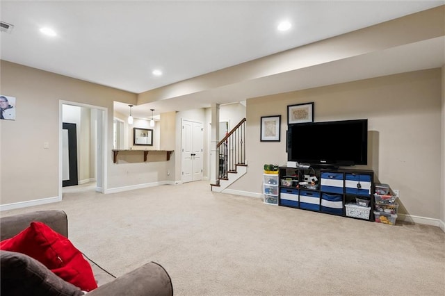18501 S Butternut St W, Gardner, KS 66030 - carpeted living room featuring stairs and recessed lighting