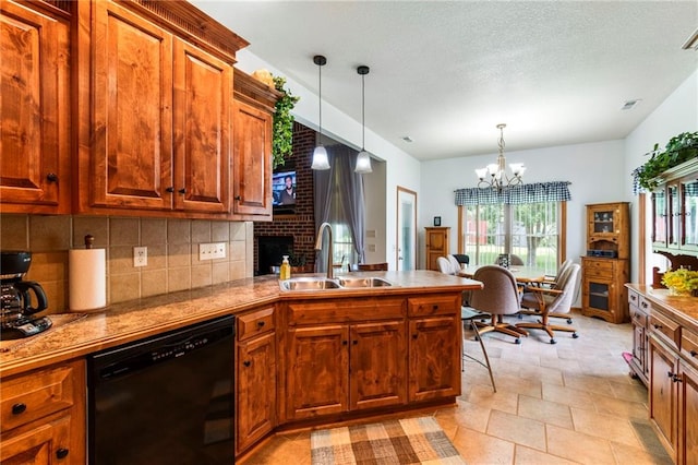 903 Howenstein St, Cameron, MO 64429 - kitchen with black dishwasher, backsplash, a peninsula, a chandelier, and pendant lighting