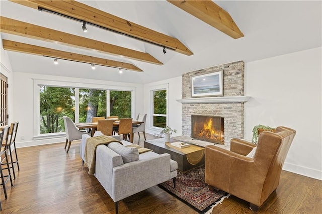 180 Terrace Trl S, Lake Quivira, KS 66217 - living area with rail lighting, healthy amount of natural light, wood finished floors, and a fireplace