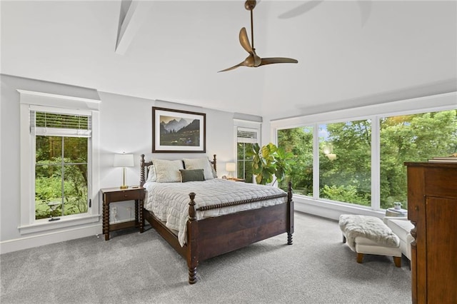 180 Terrace Trl S, Lake Quivira, KS 66217 - bedroom featuring multiple windows, ceiling fan, carpet flooring, and high vaulted ceiling