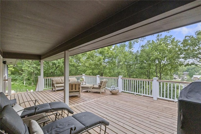 180 Terrace Trl S, Lake Quivira, KS 66217 - wooden deck with a grill, view of scattered trees, and outdoor lounge area