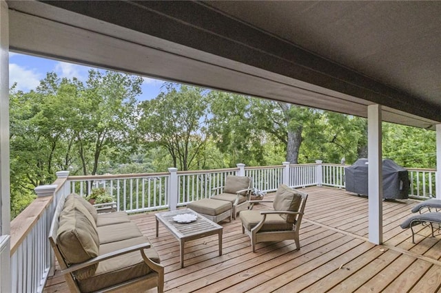 180 Terrace Trl S, Lake Quivira, KS 66217 - deck featuring grilling area, view of wooded area, and an outdoor living space