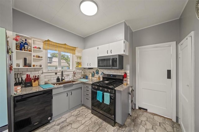 1340 Spruce St, Leavenworth, KS 66048 - kitchen with black appliances, ornamental molding, open shelves, decorative backsplash, and light stone counters