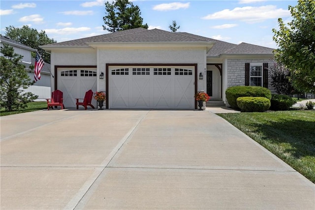 801 155th Ter, Basehor, KS 66007 - ranch-style home featuring a garage, driveway, a front lawn, and stucco siding