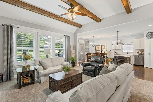 801 155th Ter, Basehor, KS 66007 - living area with ceiling fan, a chandelier, recessed lighting, and dark wood-style flooring