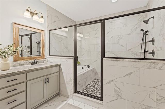 801 155th Ter, Basehor, KS 66007 - full bathroom featuring marble look tiles, a marble finish shower, vanity, and a bath