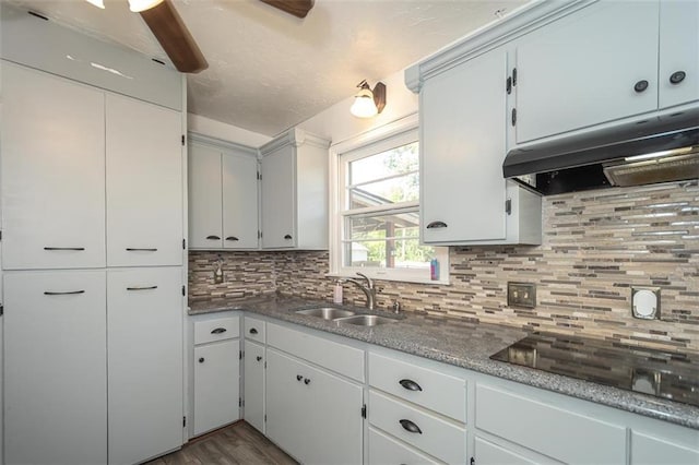 1222 S Maple St, Ottawa, KS 66067 - kitchen with range hood, tasteful backsplash, wood finished floors, and white cabinetry