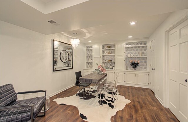 12600 Mohawk Ln, Leawood, KS 66209 - office area featuring dark wood-style floors, recessed lighting, and built in shelves
