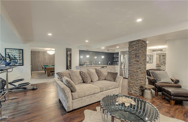 12600 Mohawk Ln, Leawood, KS 66209 - living room with wood finished floors, billiards table, recessed lighting, decorative columns, and bar