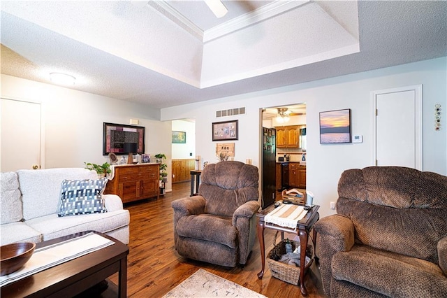203 Scout St, Camden Point, MO 64018 - living area featuring a ceiling fan, wood finished floors, and a raised ceiling