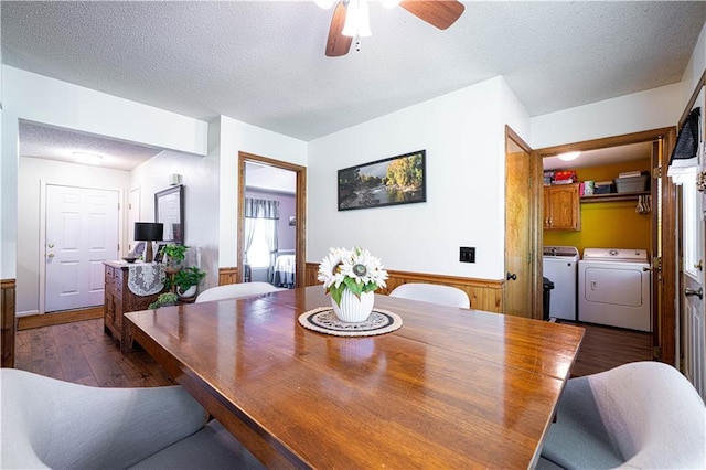 203 Scout St, Camden Point, MO 64018 - dining space with separate washer and dryer, dark wood-style floors, a textured ceiling, ceiling fan, and a wainscoted wall