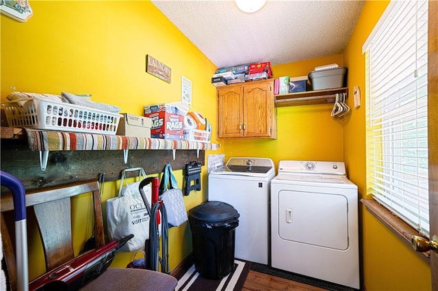 203 Scout St, Camden Point, MO 64018 - washroom featuring cabinet space, washing machine and clothes dryer, healthy amount of natural light, a textured ceiling, and dark wood finished floors