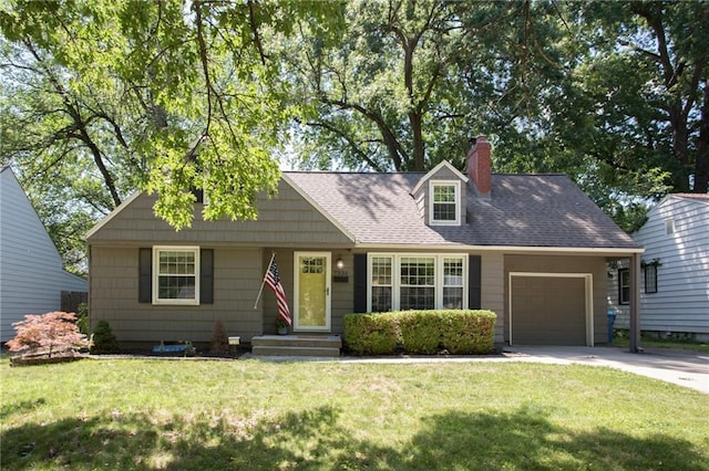 7236 Roe Ave, Prairie Village, KS 66208 - cape cod-style house with a garage, concrete driveway, a front lawn, and a chimney