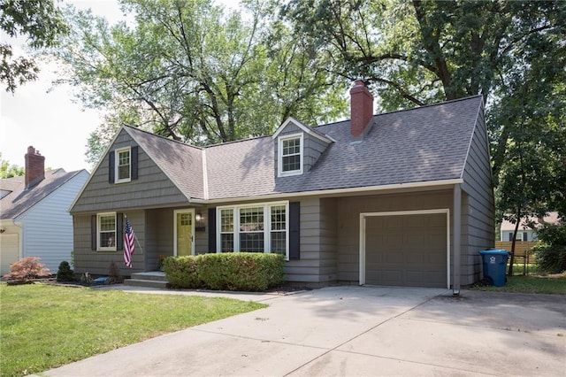 7236 Roe Ave, Prairie Village, KS 66208 - cape cod house featuring a garage, driveway, a front lawn, a chimney, and roof with shingles