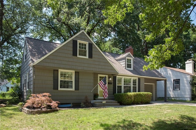 7236 Roe Ave, Prairie Village, KS 66208 - new england style home featuring an attached garage, a front lawn, a chimney, concrete driveway, and a shingled roof