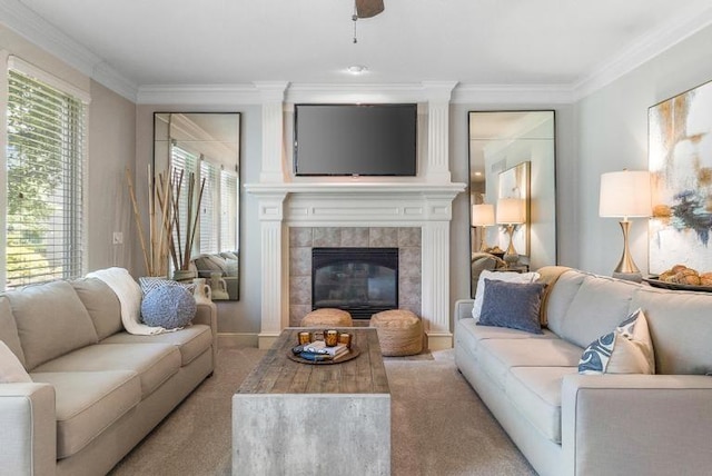 5125 W 164th St, Overland Park, KS 66085 - living area with carpet floors, crown molding, and a fireplace