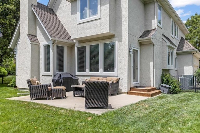 5125 W 164th St, Overland Park, KS 66085 - back of house featuring an outdoor hangout area, stucco siding, a patio, and a chimney