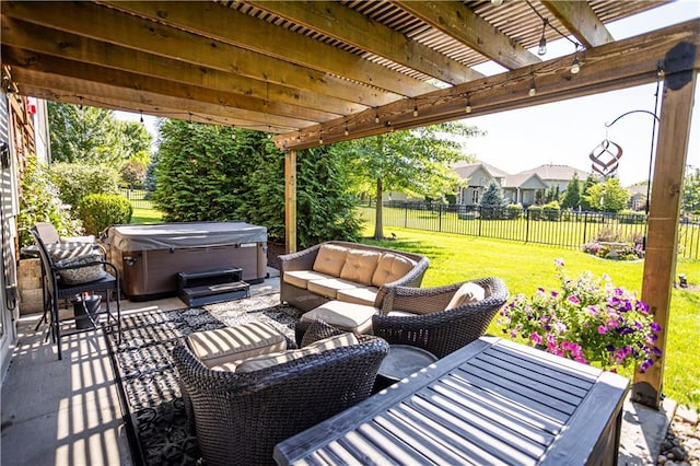4500 Parks Summit Ter, Lees Summit, MO 64064 - fenced backyard with a hot tub, a patio area, an outdoor hangout area, and a pergola