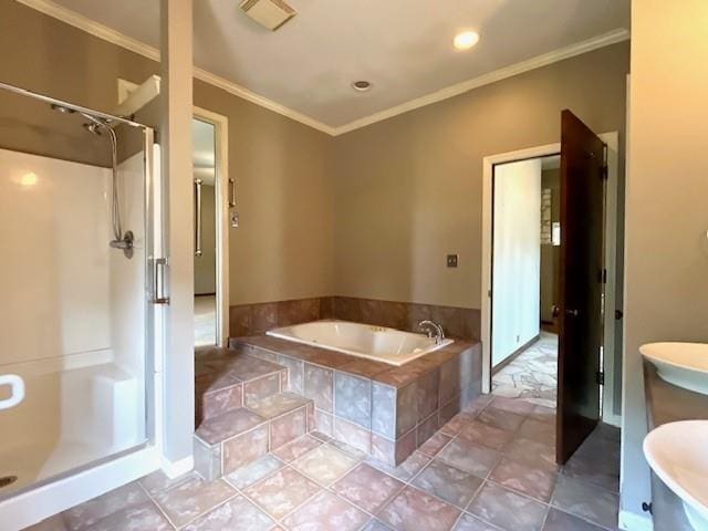 6960 Dancaster Rd, Topeka, KS 66610 - full bath with a bath, a shower stall, crown molding, and vanity