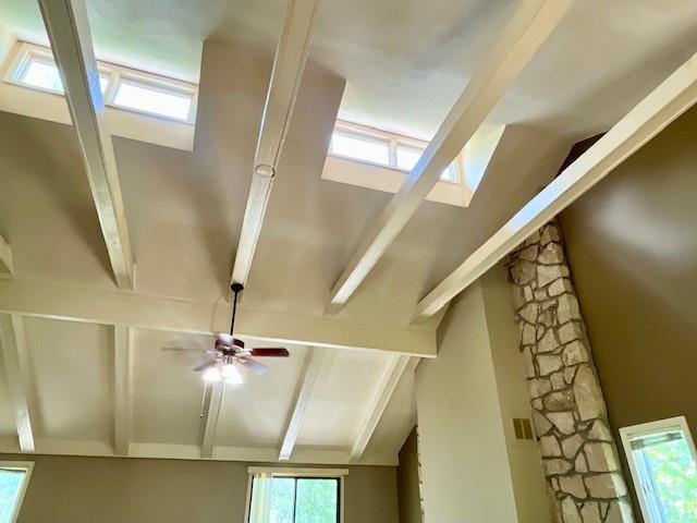 6960 Dancaster Rd, Topeka, KS 66610 - detailed view of beamed ceiling and a ceiling fan