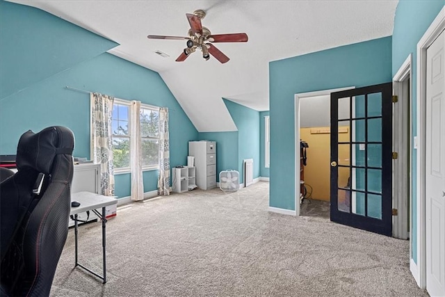 1148 N 1st Rd, Baldwin City, KS 66006 - office featuring carpet flooring, lofted ceiling, a ceiling fan, and french doors