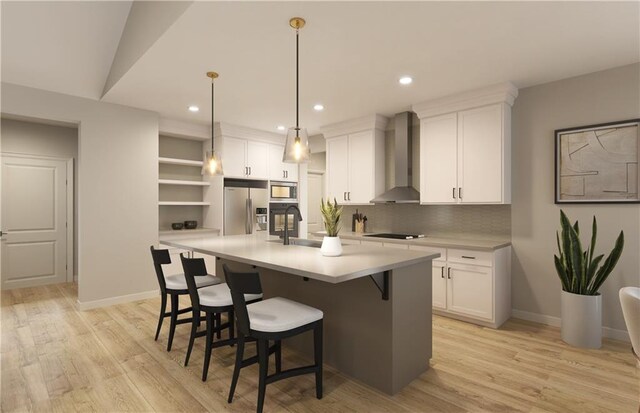 12517 S Hedge Ct, Olathe, KS 66061 - kitchen featuring wall chimney range hood, stainless steel appliances, open shelves, light countertops, and white cabinetry