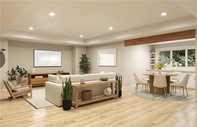 12517 S Hedge Ct, Olathe, KS 66061 - cinema room featuring light wood-style floors, recessed lighting, and a tray ceiling