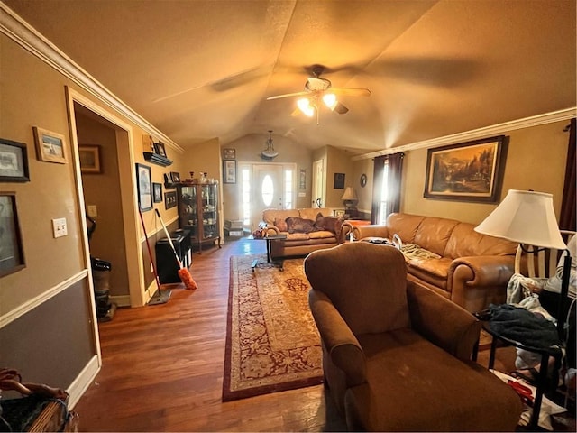 22 U Lake Shore Dr, Lake Lotawana, MO 64086 - living area featuring a ceiling fan, wood finished floors, lofted ceiling, and ornamental molding