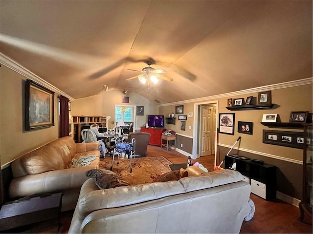 22 U Lake Shore Dr, Lake Lotawana, MO 64086 - living area with ceiling fan, vaulted ceiling, wood finished floors, and crown molding
