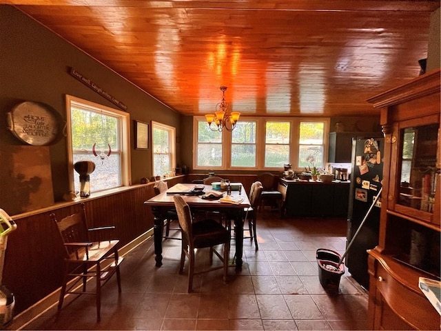 22 U Lake Shore Dr, Lake Lotawana, MO 64086 - dining space featuring wooden ceiling, plenty of natural light, a chandelier, a wainscoted wall, and wooden walls