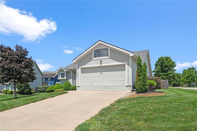 1002 W Howard Pl, Louisburg, KS 66053 - ranch-style house with driveway, a front lawn, stucco siding, and an attached garage
