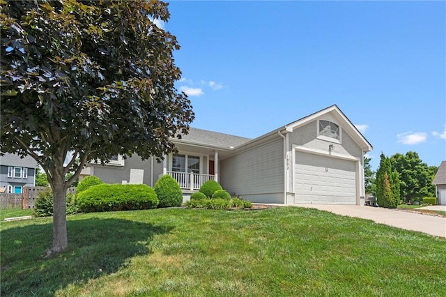 1002 W Howard Pl, Louisburg, KS 66053 - ranch-style home featuring an attached garage, a front lawn, concrete driveway, and a porch