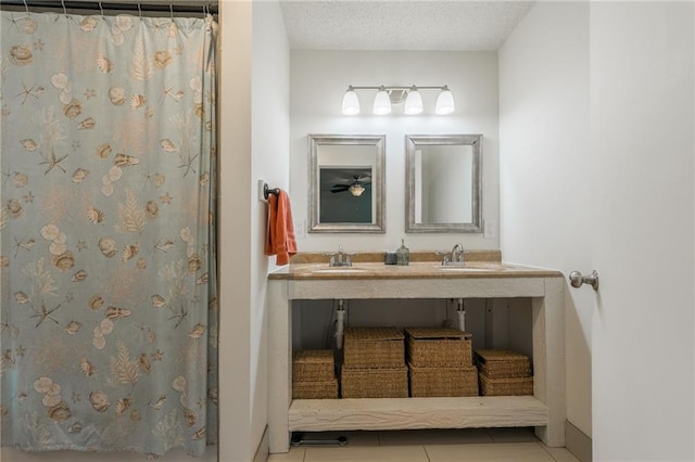 6613 E 123rd Ter, Grandview, MO 64030 - bathroom with a textured ceiling, tile patterned flooring, and a shower with curtain