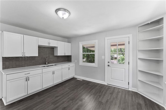 1205 E Parker Ave, Independence, MO 64050 - kitchen featuring white cabinetry, dark wood-type flooring, light countertops, and backsplash