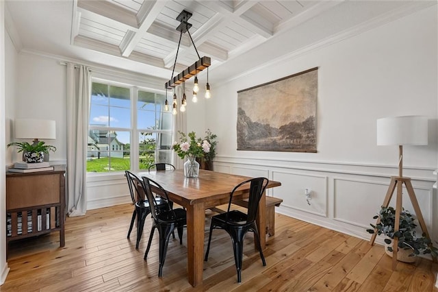 24328 W 58th Ter, Shawnee, KS 66226 - dining space featuring beamed ceiling, coffered ceiling, light wood-style flooring, crown molding, and a wainscoted wall