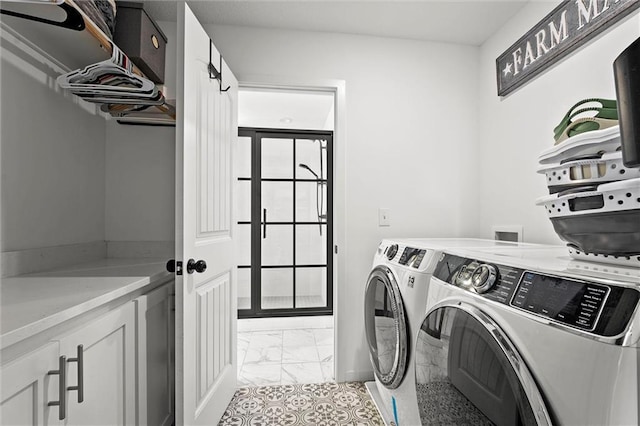 24328 W 58th Ter, Shawnee, KS 66226 - washroom with light marble finish floors, independent washer and dryer, and cabinet space