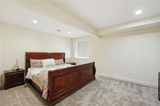 704 E 110th Ter, Kansas City, MO 64131 - bedroom featuring light colored carpet, recessed lighting, and beam ceiling